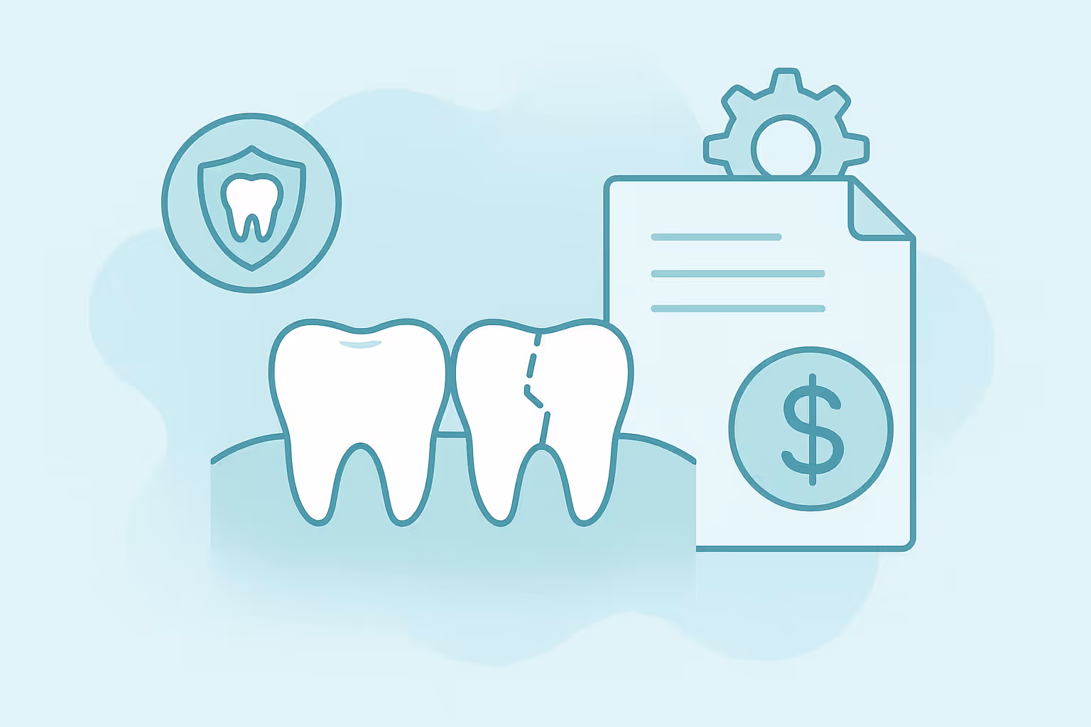 two minimalist teeth one intact one cracked beside a paper icon marked with a dollar sign and gear and a shield bearing a tooth symbol