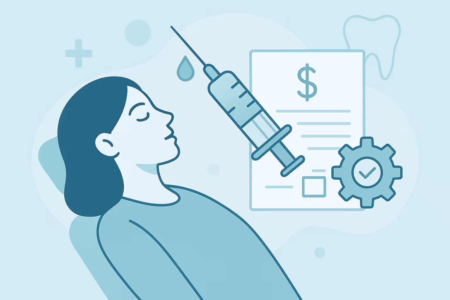 woman reclining in a chair with syringe dripping a droplet beside document marked with dollar sign gear icon with checkmark and tooth outline symbolizing medical or dental procedure cost and approval