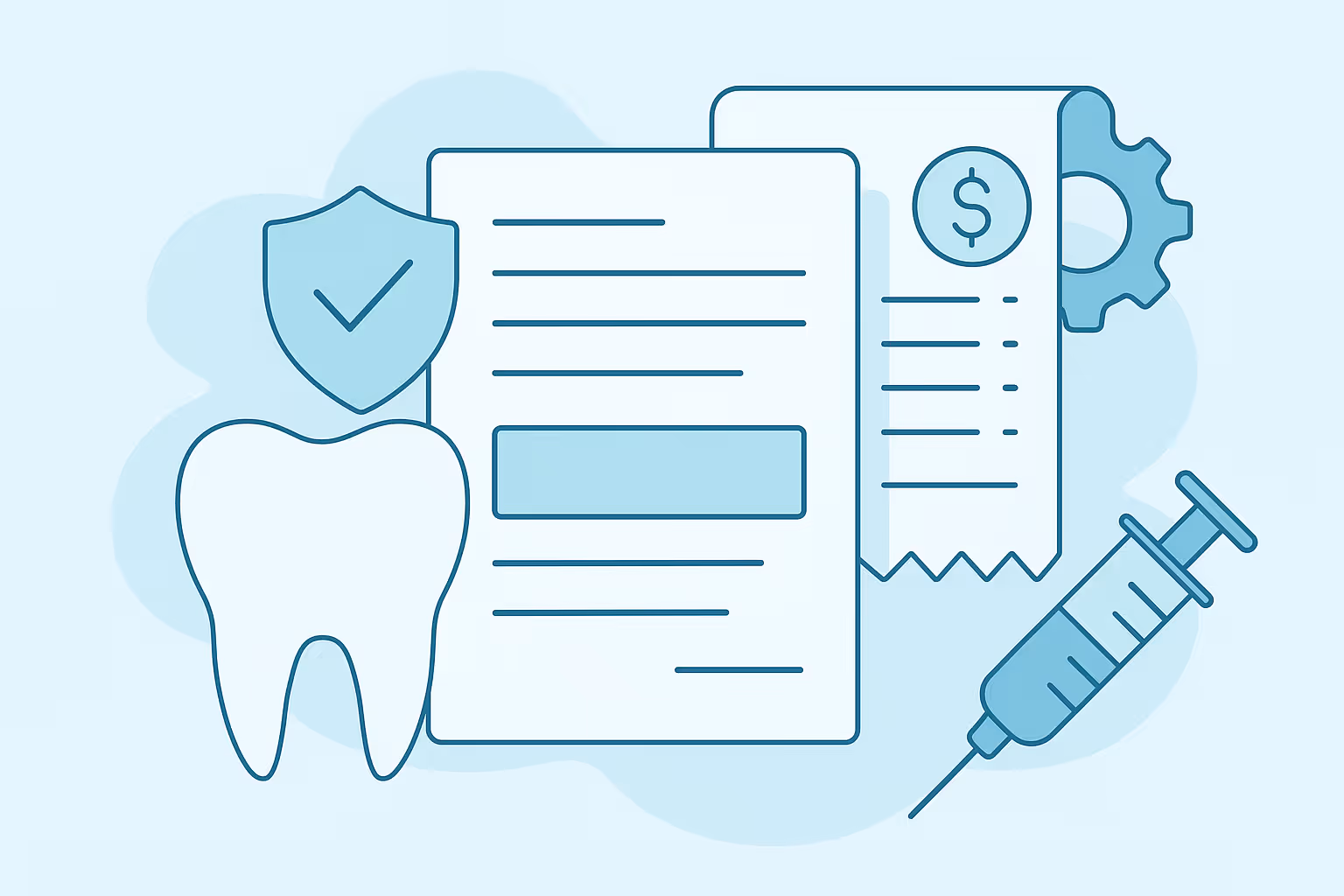 Vector illustration of dental insurance concept featuring a large tooth icon a shield with checkmark a medical form a billing receipt showing a dollar sign a gear wheel and a syringe