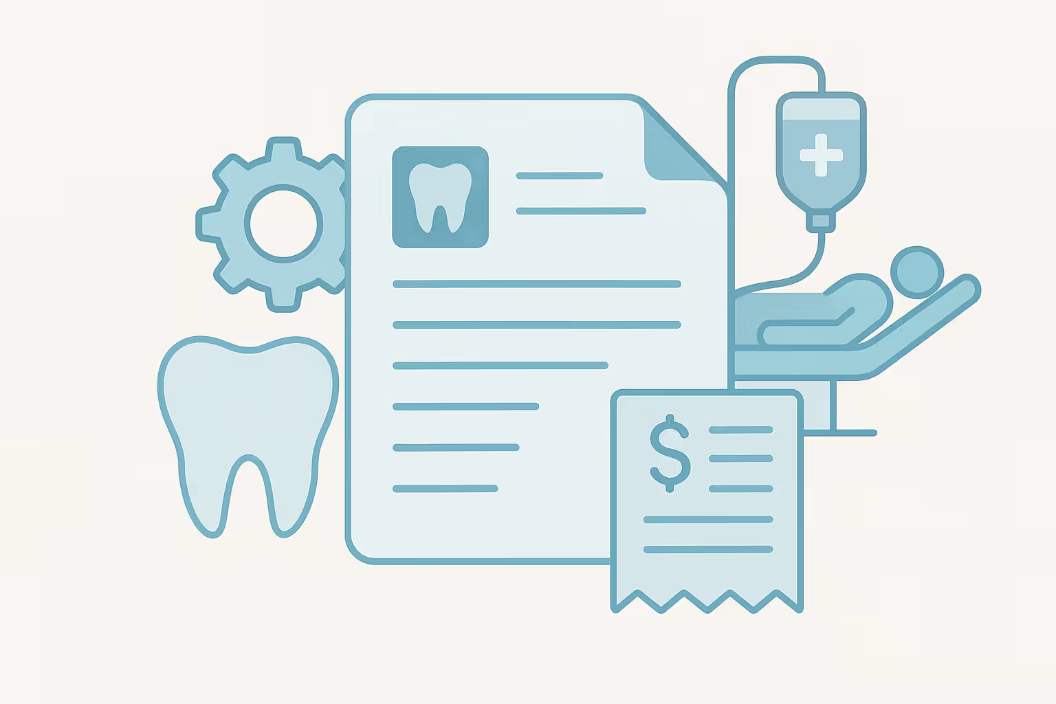 illustration of dental and medical icons including a sheet of paper with a tooth icon and lines of text a gear symbol a stylized tooth shape a receipt with a dollar sign and text lines and a patient figure reclining on a treatment chair receiving an intravenous drip