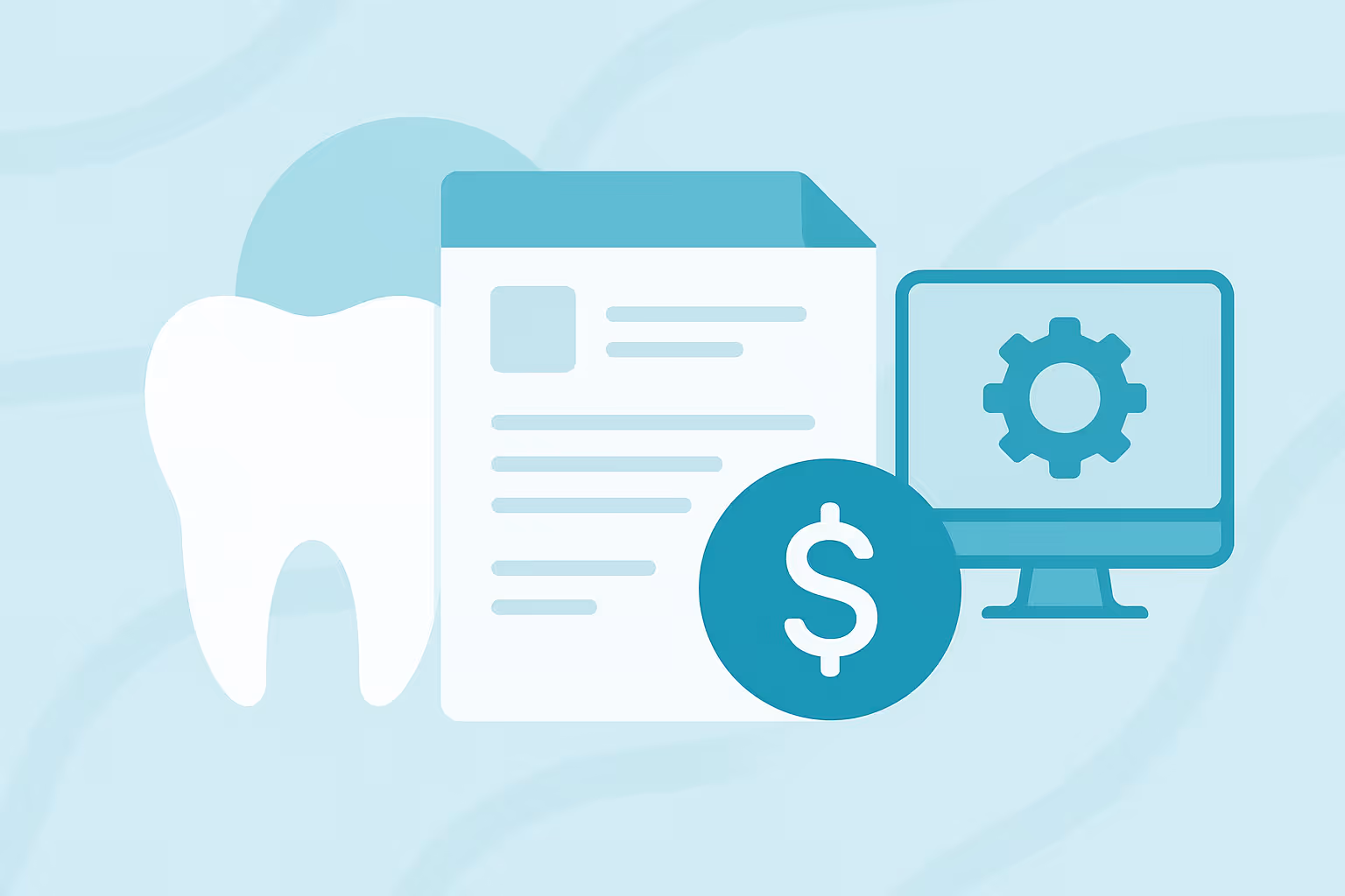 white tooth icon next to a document with lines of text turquoise coin with dollar sign overlapping a computer monitor displaying a gear icon on a light blue background