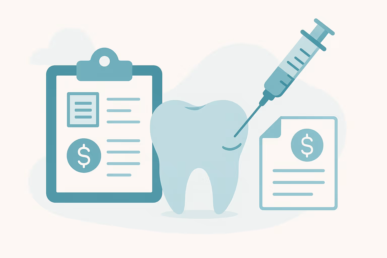 Stylized large tooth centered between a clipboard displaying text and a dollar icon a document page showing a dollar symbol and a syringe poised to inject the tooth