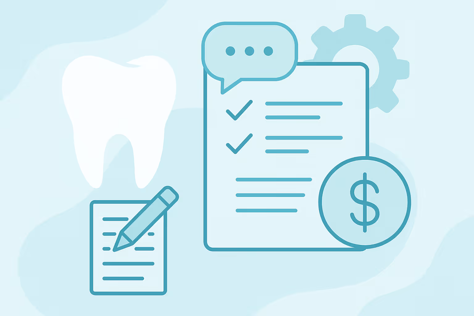 large white tooth silhouette beside a document with two checkmarks a speech bubble a gear icon and a dollar sign with a pencil writing on a smaller paper on a light teal abstract background