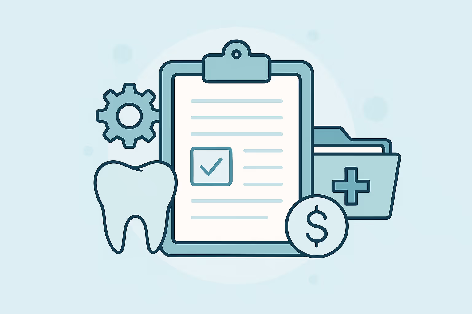 illustration of dental insurance concept with clipboard checklist gear tooth medical folder and dollar sign