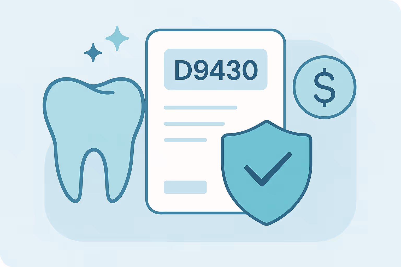 Large stylized tooth beside a document showing code D9430 with a shield and check mark next to a dollar sign icon representing dental billing and insurance coverage