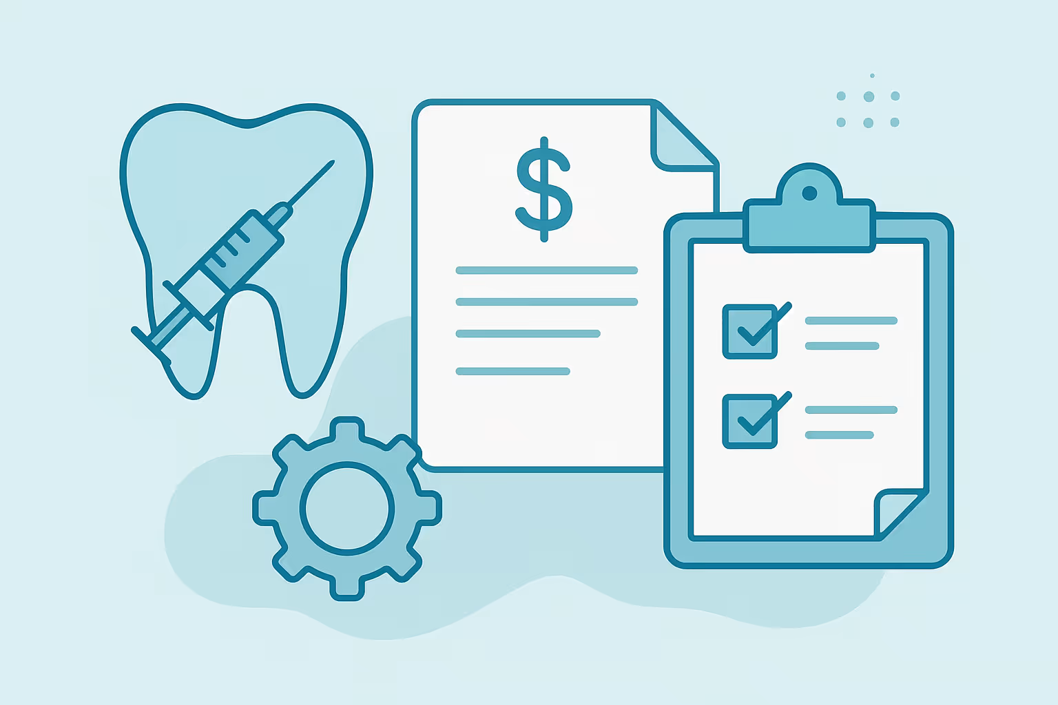 Illustration of a tooth outline with a syringe overlay next to a sheet of paper showing a dollar sign a gear icon and a clipboard with two checked boxes