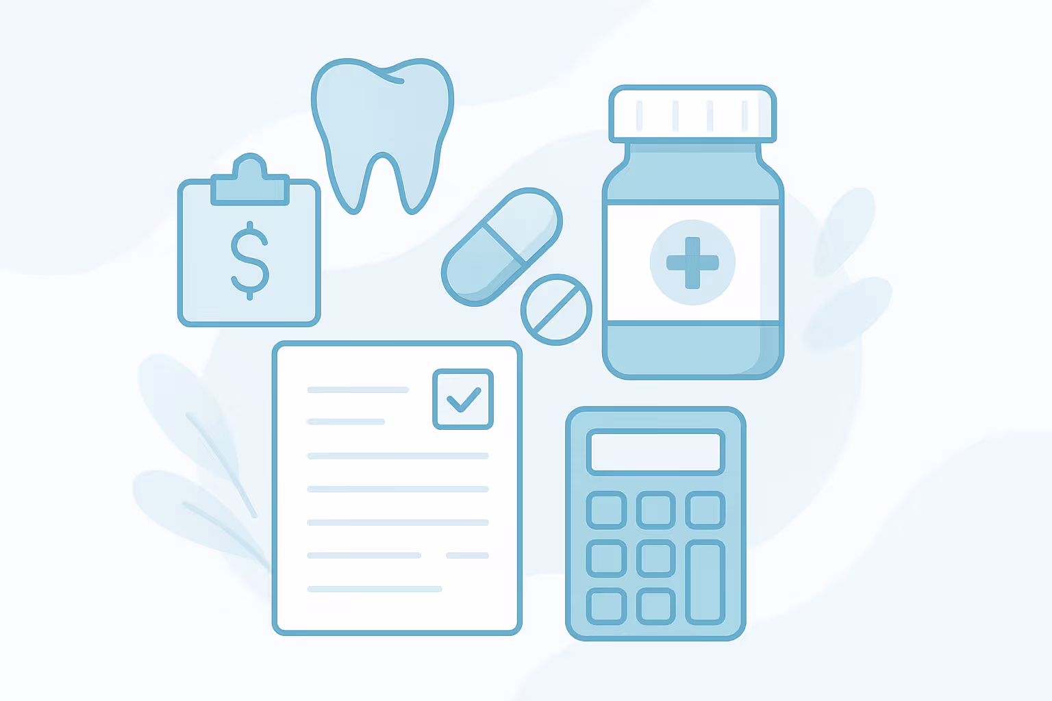 Line art icons of a clipboard with a dollar sign a tooth two pills a medicine bottle with a medical cross a checklist document and a calculator