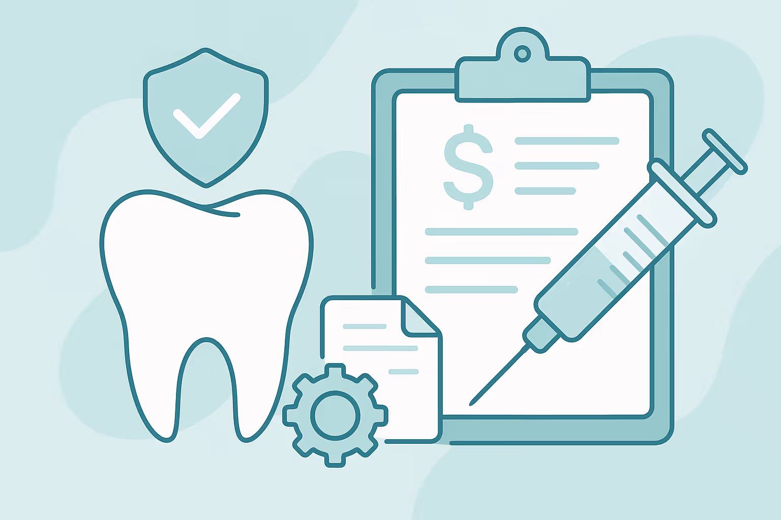 stylized tooth beside shield with checkmark above clipboard showing dollar sign and lines of text syringe leaning on clipboard next to paper document and gear icon on light green abstract background