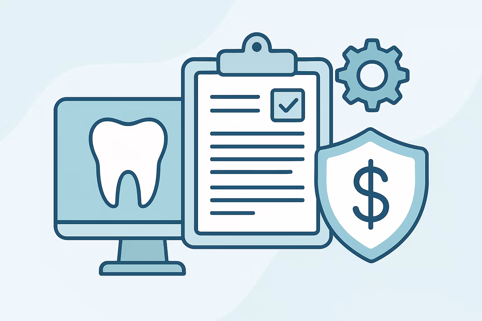 computer monitor showing a tooth icon next to a clipboard with a checkmark and lines of text a shield with a dollar sign and a gear symbolizing dental insurance coverage documentation
