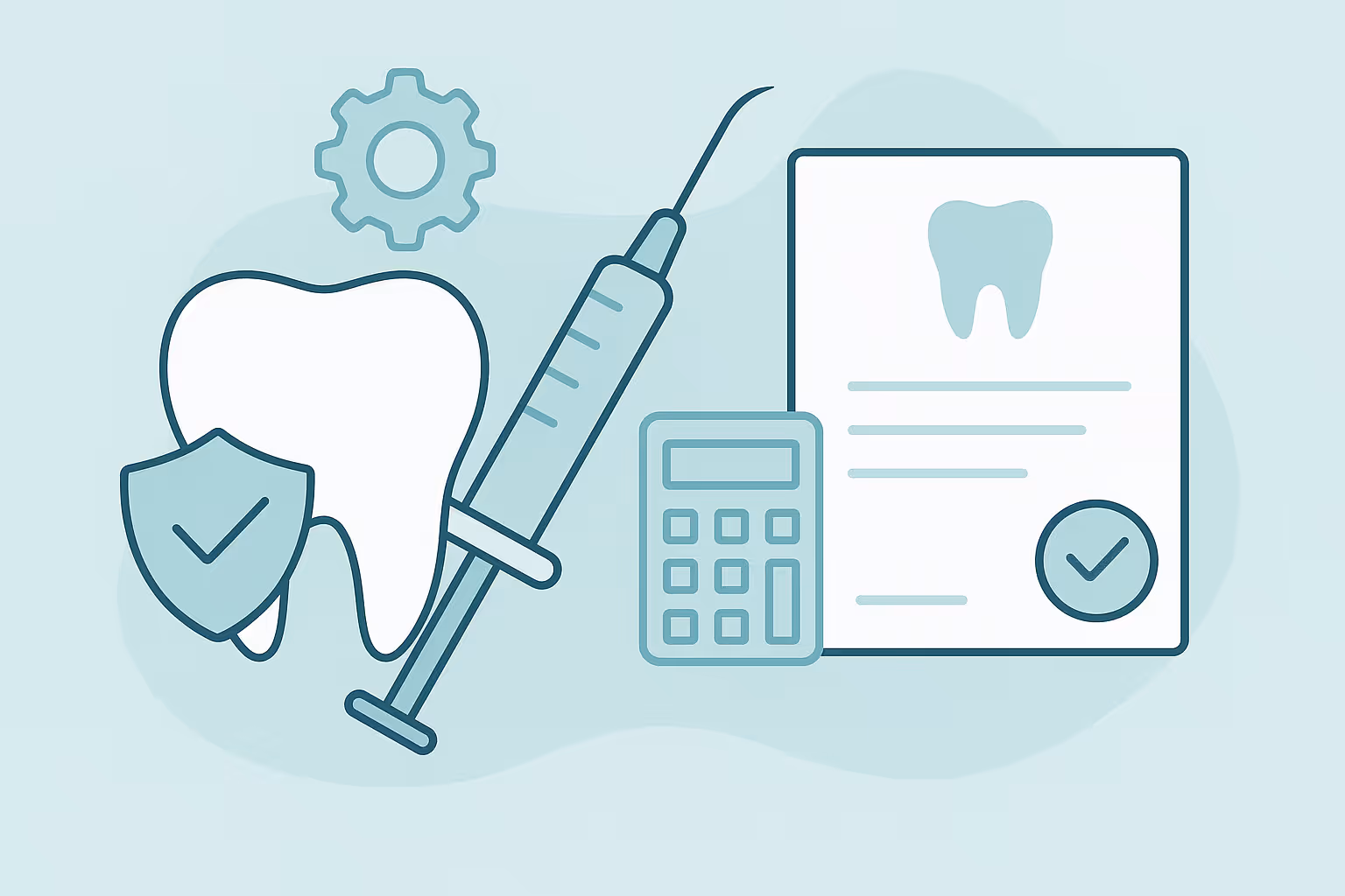 Stylized teal illustration of a large tooth with a shield and checkmark next to a syringe and calculator in front of an insurance form displaying a tooth icon and checkmark