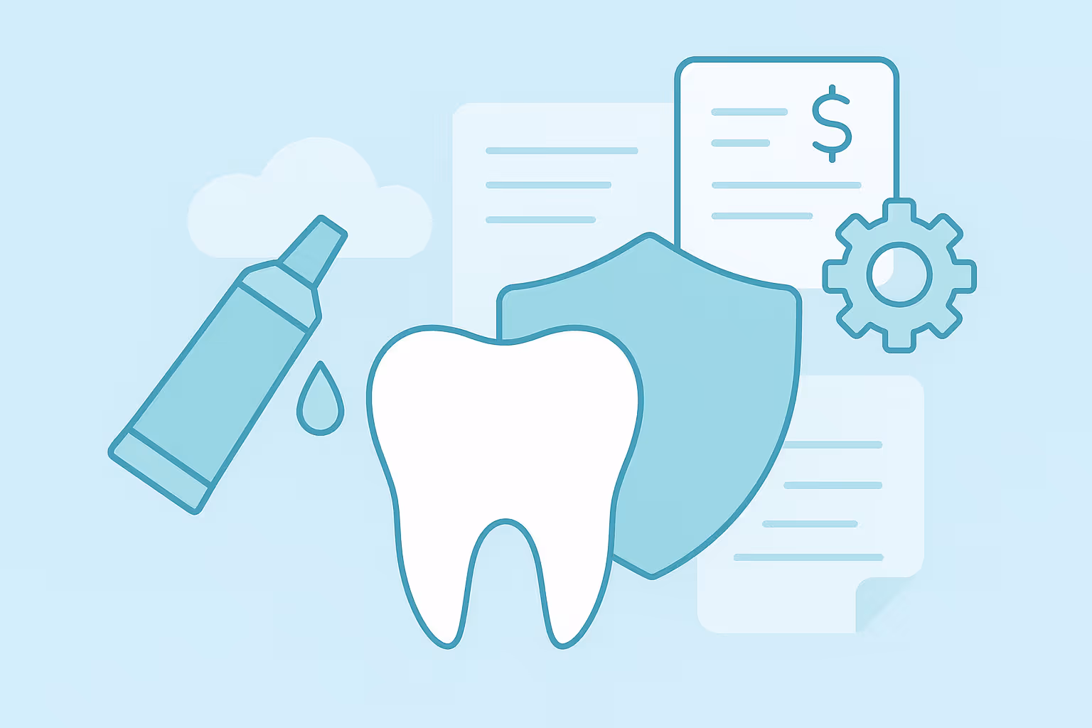 Large white tooth with a blue shield behind it and icons of a toothpaste tube a droplet a cloud sheets of paper including one with a dollar sign and a gear representing dental protection and coverage