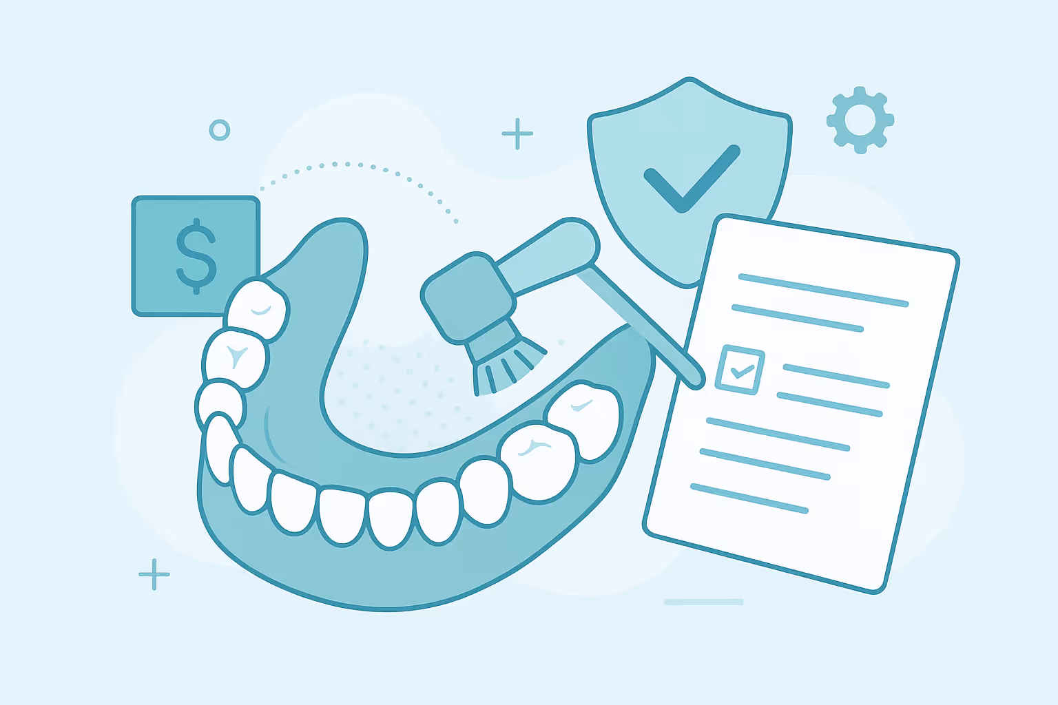 Illustration of a lower jaw with teeth and a toothbrush cleaning a tooth alongside a shield with a checkmark a dollar symbol and a checklist document