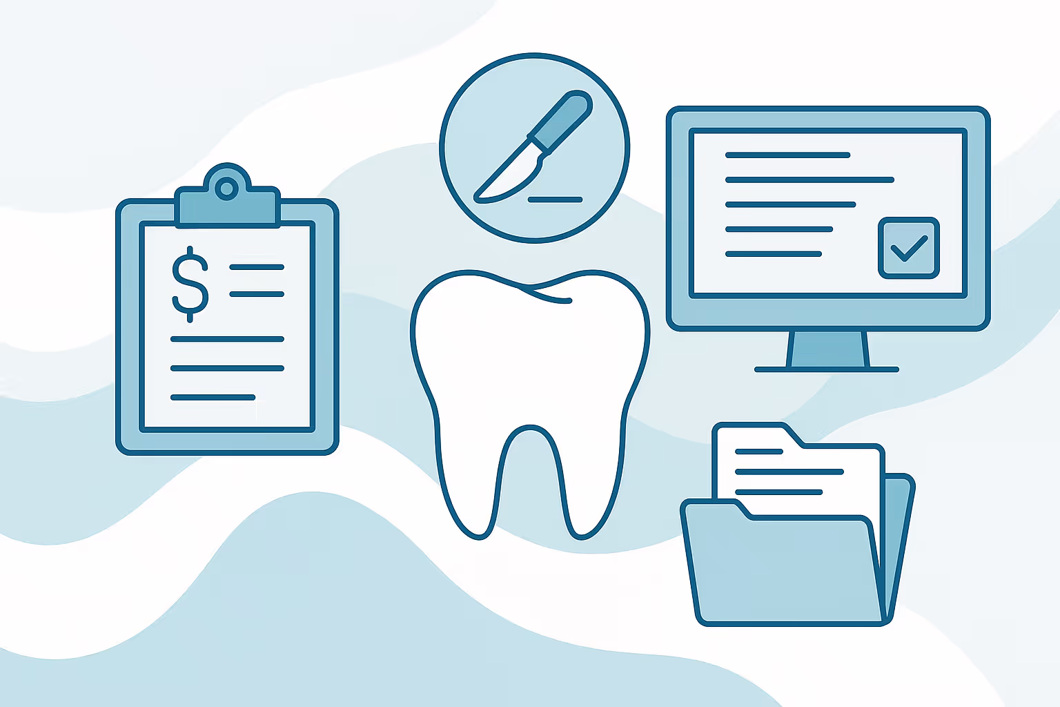 Stylized illustration of a large central tooth surrounded by icons of a clipboard with dollar sign a surgical scalpel in a circle a computer monitor displaying text and a checkbox and an open folder with documents on a light blue wavy background
