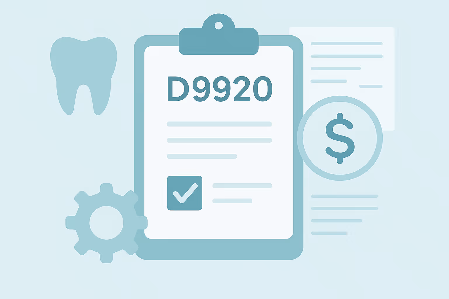 clipboard displaying D9920 code and a checked box beside lines of text a tooth icon a gear icon and a dollar sign circle on a pale background