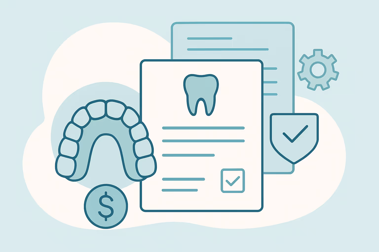 stylized illustration of a dental insurance concept showing a tooth icon on a document a dental arch model a dollar symbol a shield with checkmark and a gear symbol on an abstract rounded background