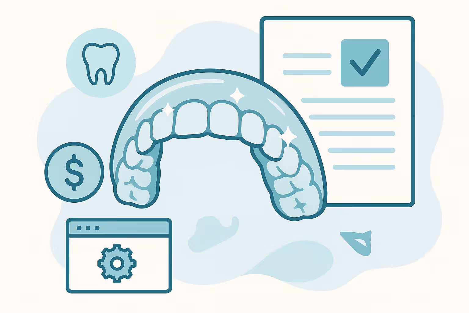 stylized illustration of a transparent dental aligner arch with sparkles surrounded by icons of a tooth outline a dollar sign a browser window displaying a gear and a document with a checkmark on a light abstract background