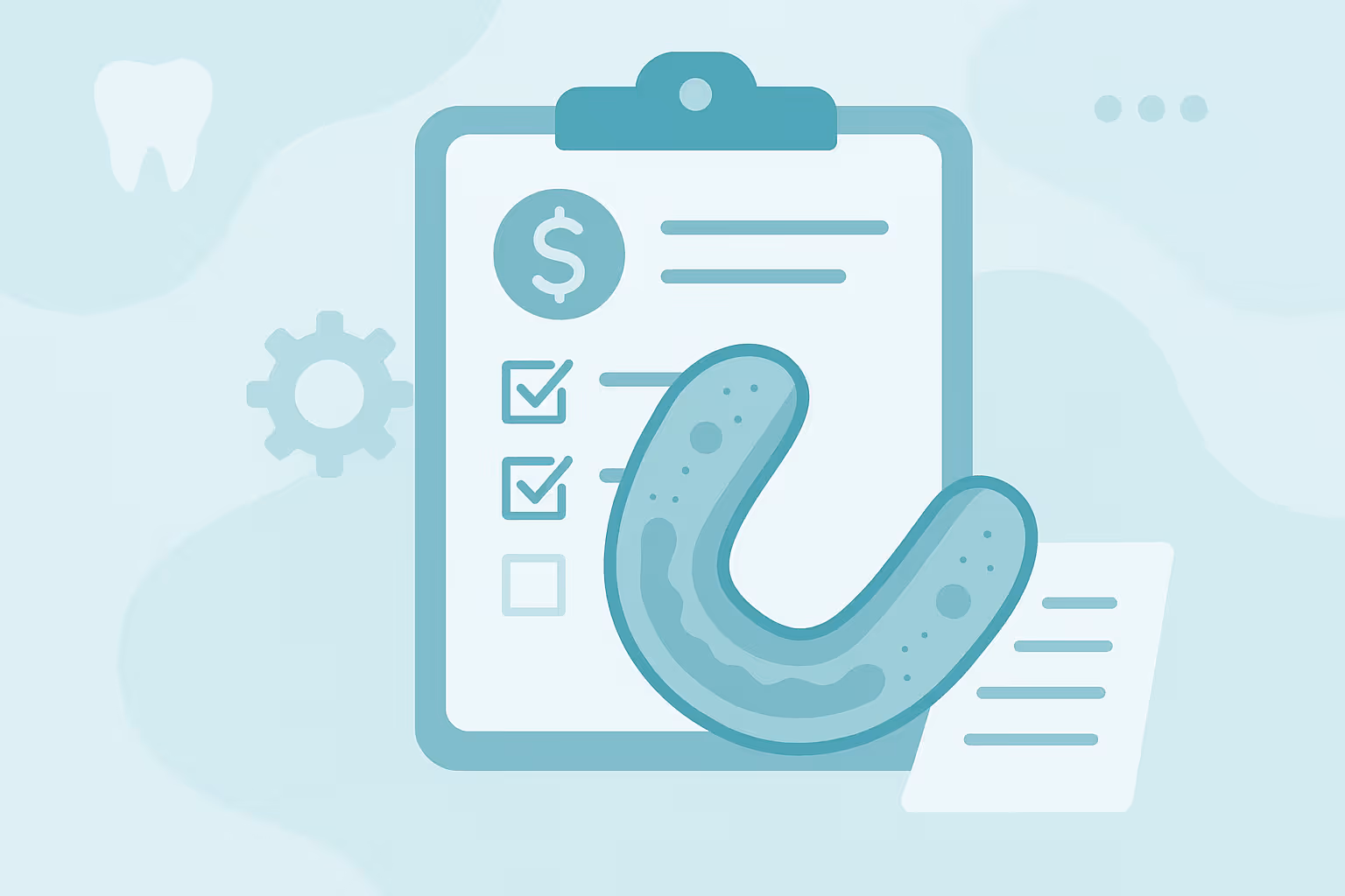 stylized vector illustration of a clipboard with a dollar icon checklist and two checkmarks a u shaped dental mouthguard a gear icon and a floating tooth silhouette