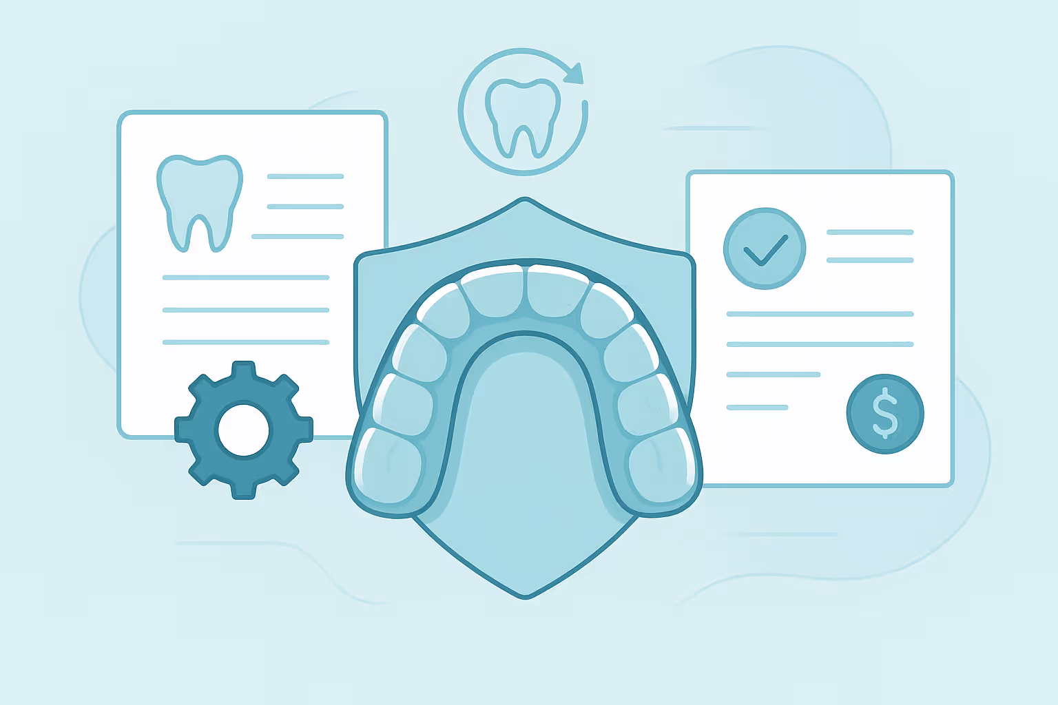 simple teal illustration of a dental aligner over a shield with a document featuring a tooth icon and gear on the left and a document with a checkmark and dollar sign on the right and a circular arrow around a tooth icon above