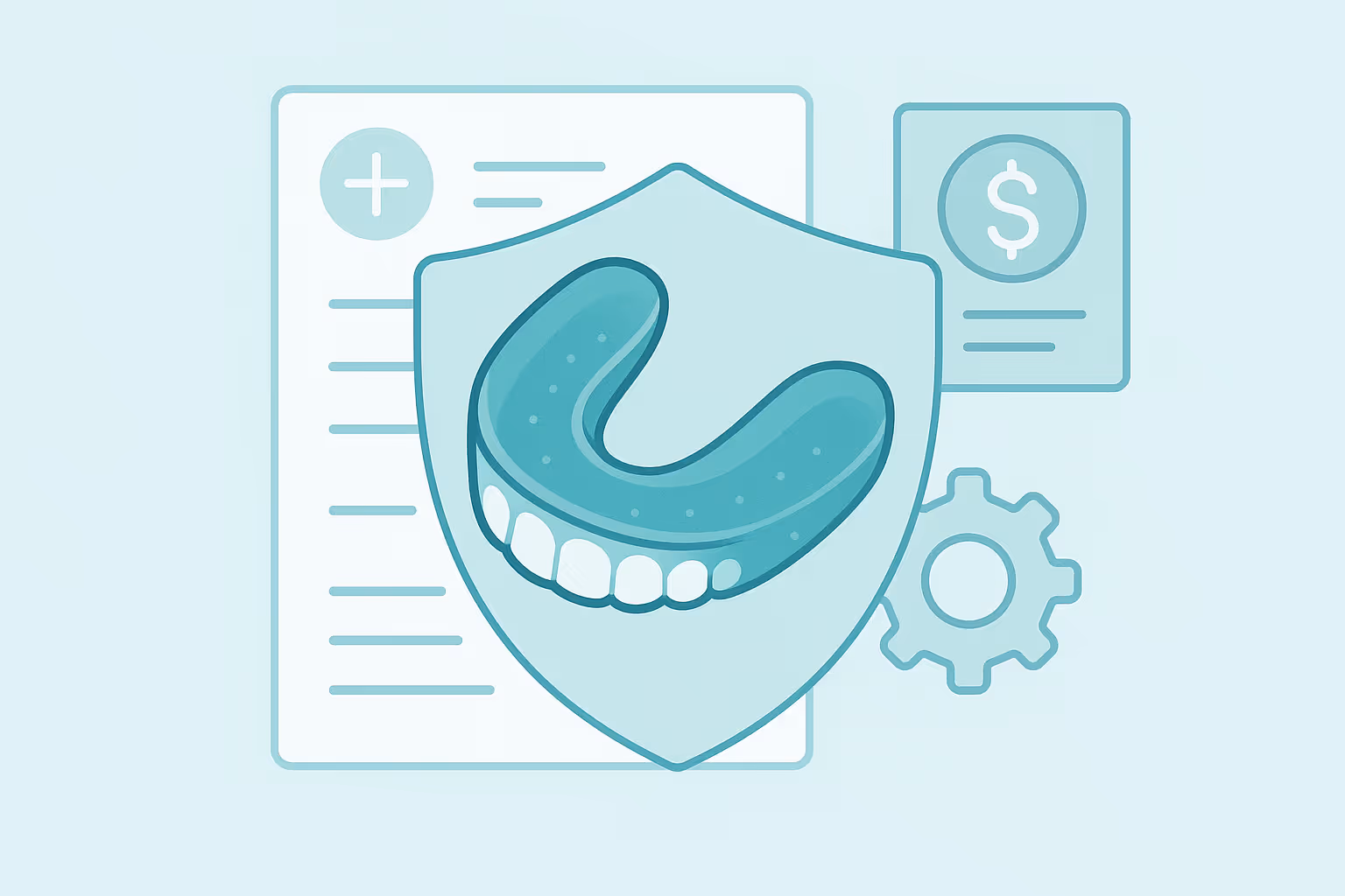 Vector style illustration of a dental mouthguard displayed on a shield in front of a medical form with a plus icon a dollar sign card and a gear icon