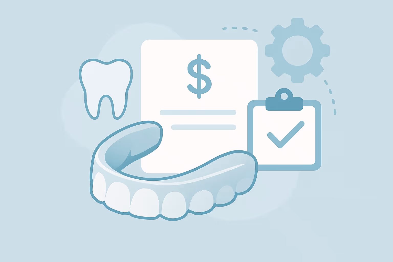 stylized illustration of translucent dental mouthguard with tooth icon document with dollar sign clipboard with checkmark and gear icon on pale blue background