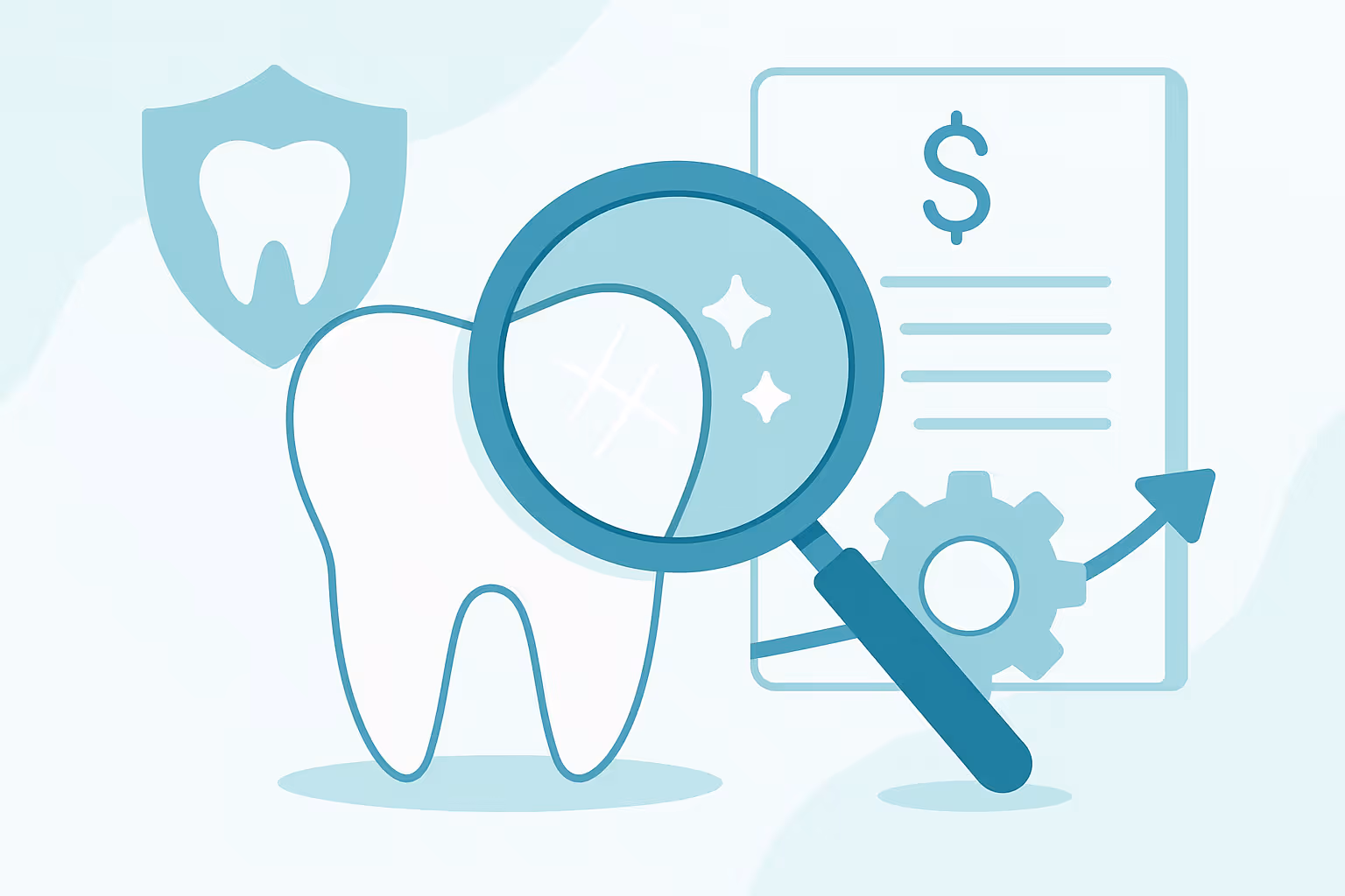 stylized illustration of a large white tooth with a blue shield behind it a magnifying glass highlighting sparkles on the tooth and a document showing a dollar sign a gear and an upward arrow in the background