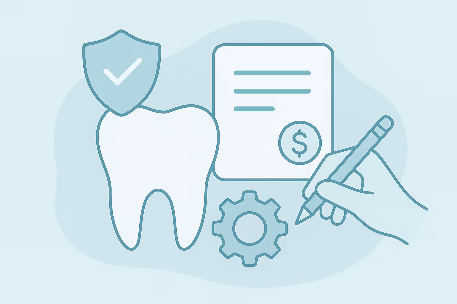 Stylized illustration of a tooth with a shield bearing a check mark beside a document showing a dollar sign a gear icon and a hand writing with a pen