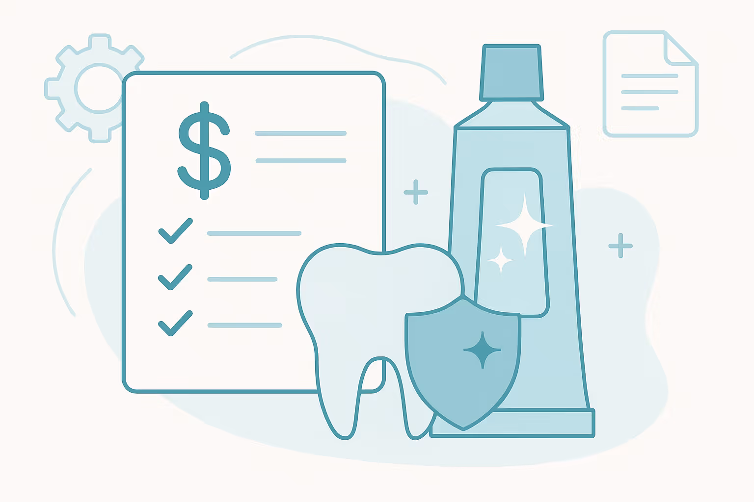 Minimal teal line art illustration showing a document with a dollar sign and three checkmarks behind a large tooth icon with a protective shield and a sparkling toothpaste tube with a gear icon and a folded paper outline in the background