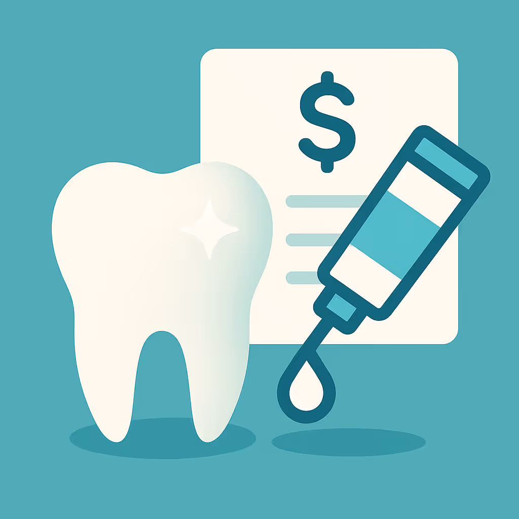 Large white tooth shining beside document with dollar sign and syringe dripping a drop