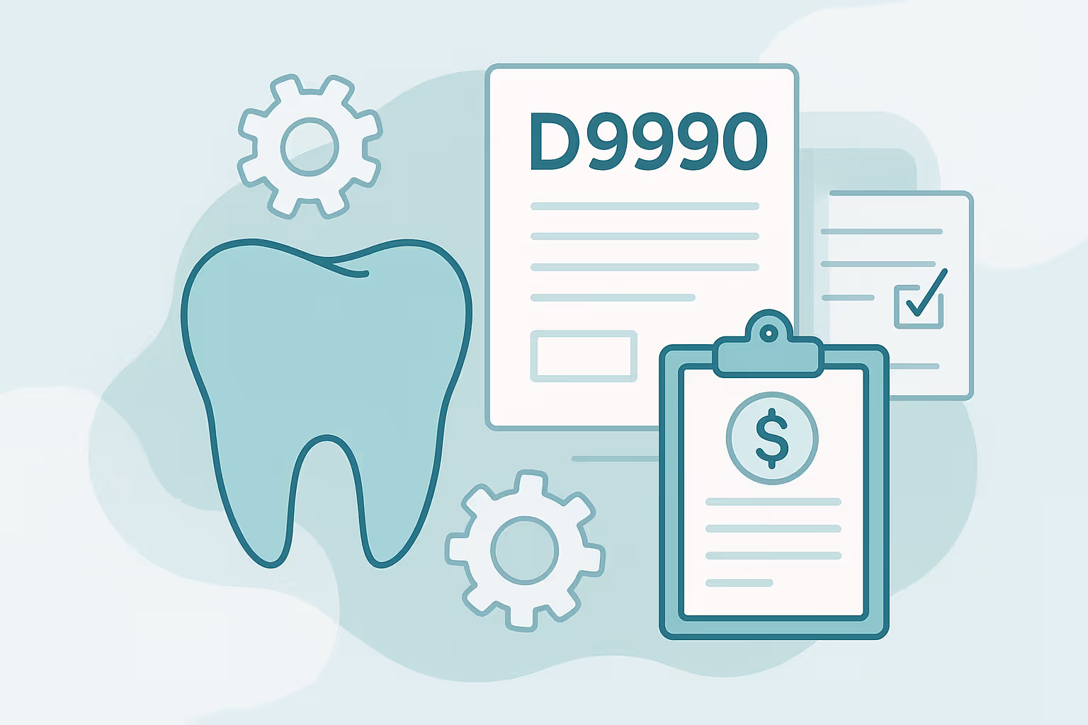 Stylized teal tooth icon next to gear icons a document labeled D9990 and a clipboard displaying a dollar sign on a soft teal abstract background