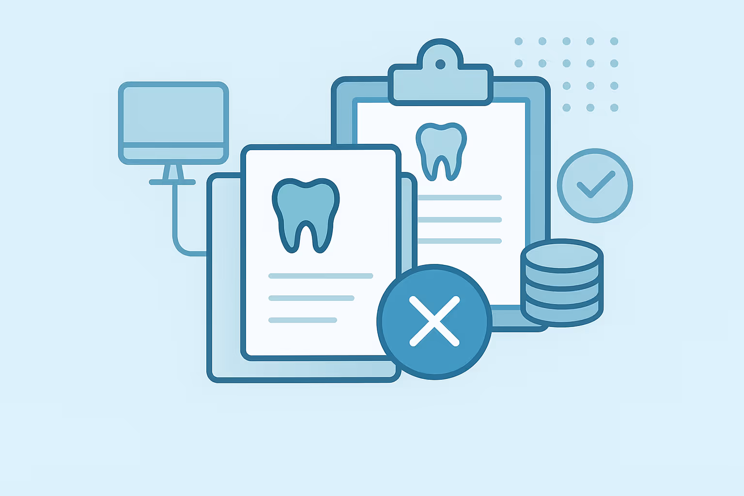 two overlapping digital dental records displayed on a tablet and clipboard each featuring a tooth icon a large x symbol overlaying one record and a checkmark next to a stack of disks on a pale blue background
