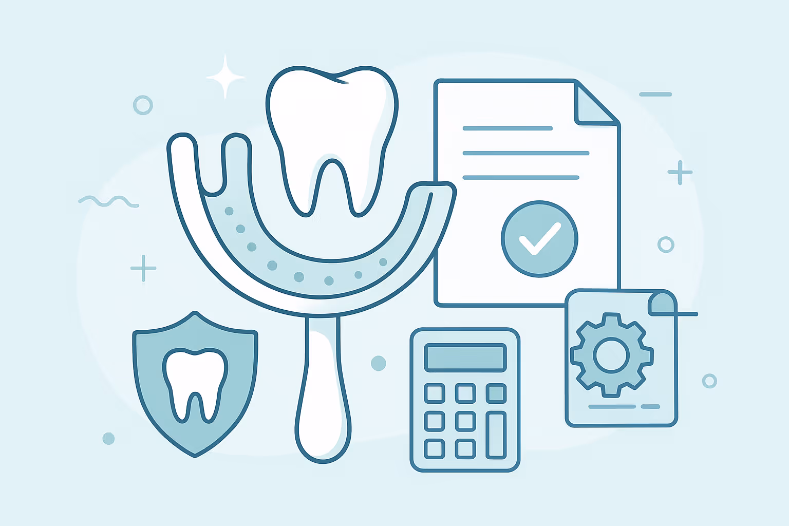 Simplified line drawing of a large tooth above a dental impression tray a shield featuring a smaller tooth icon a calculator an approved document with a check mark and another document with a gear symbol all in soft teal tones