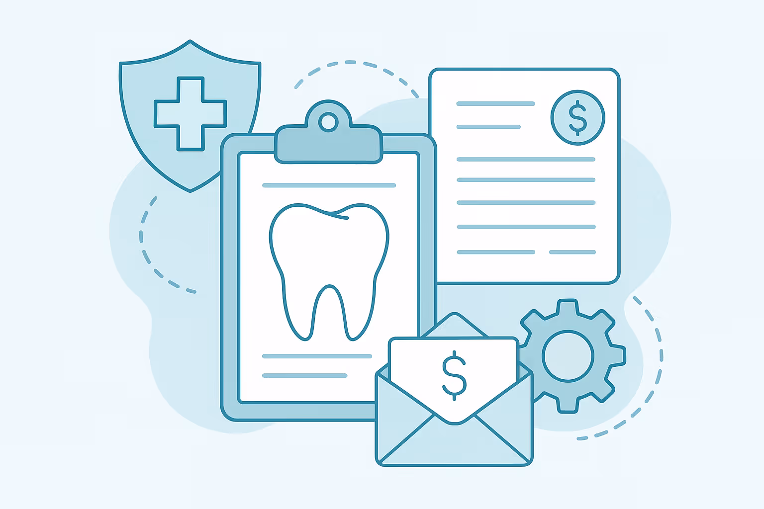 clipboard with tooth illustration surrounded by an envelope bearing a dollar sign a document with text and currency symbol a shield with a medical cross and a gear icon