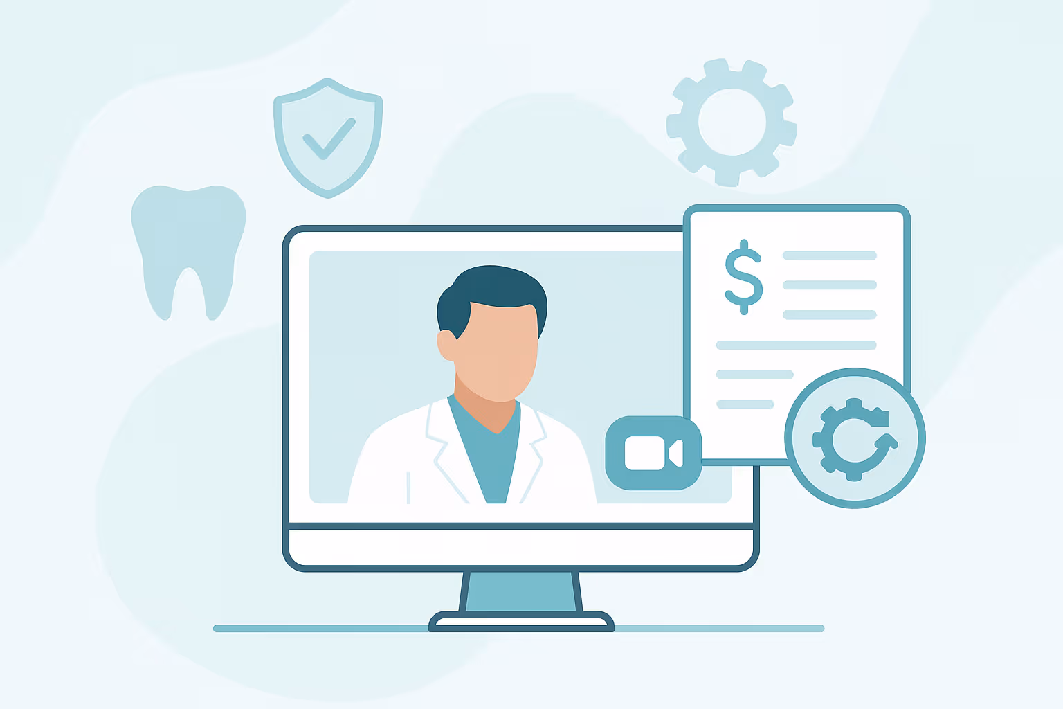 A stylized illustration of a computer monitor displaying a doctor in a white coat on a pale background surrounded by icons of a tooth silhouette shield with checkmark gear document with dollar sign and video call symbol representing an online dental consultation