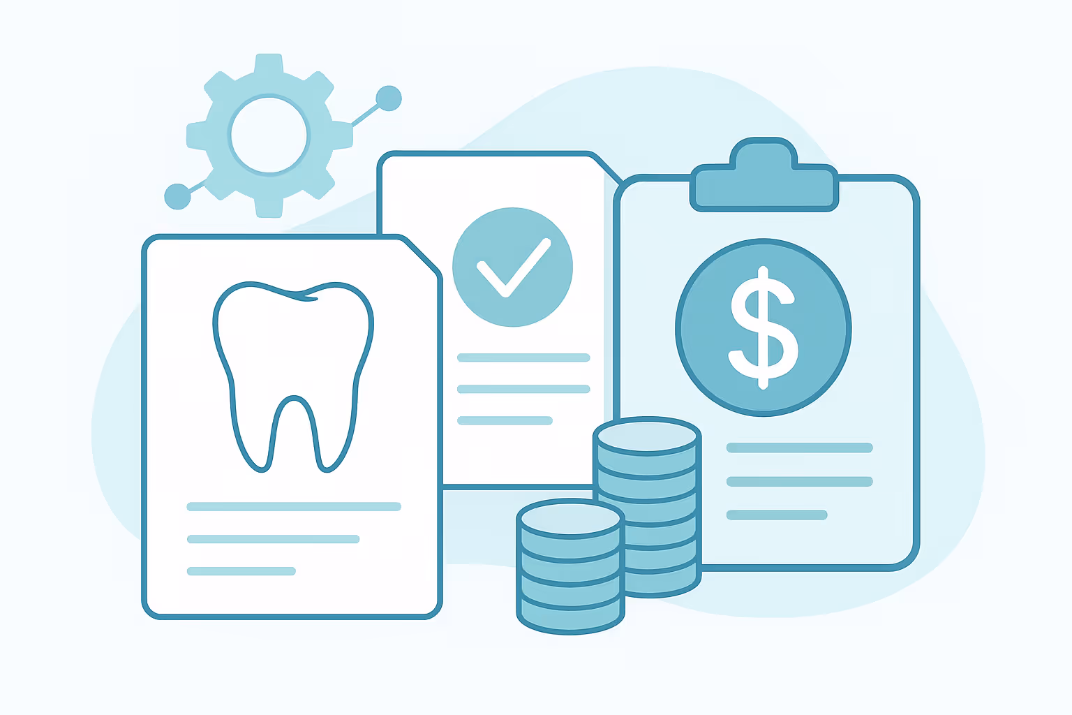 Illustration showing three stylized documents one with a tooth outline one with a check mark and one on a clipboard with a dollar sign next to stacks of coins and a gear icon in the background