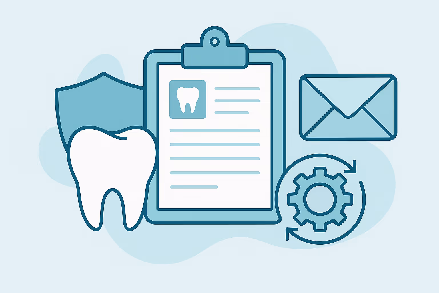 stylized line art of a tooth next to a shield beside a clipboard showing a dental record icon an envelope outline and a gear with circular arrows all on a light background