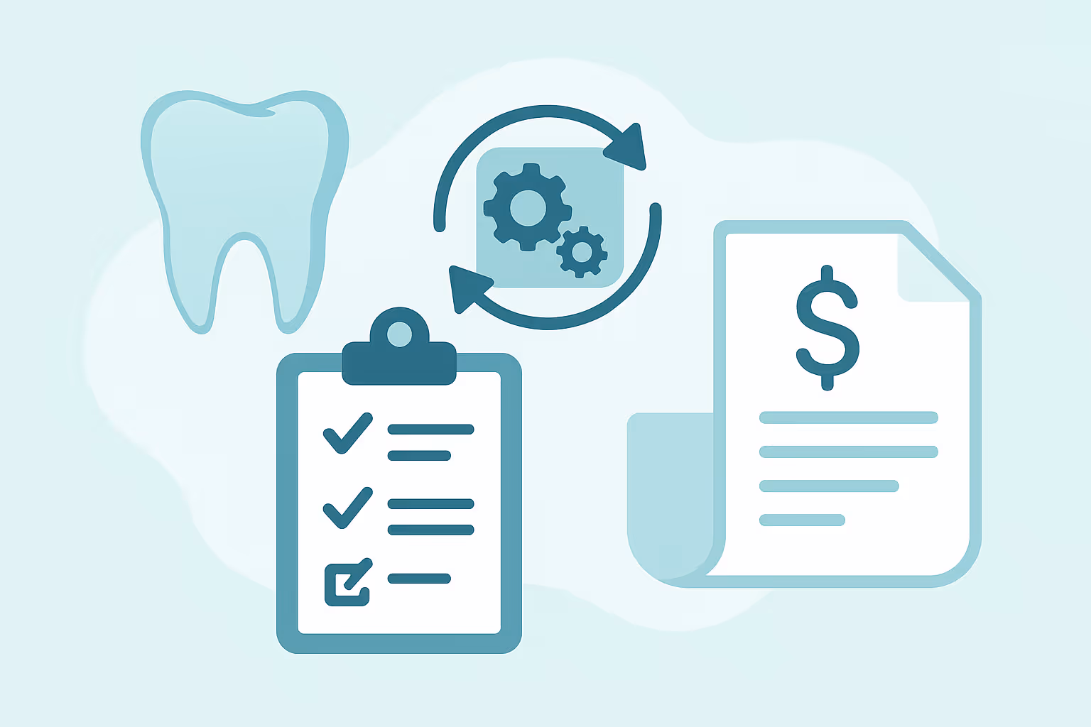 Graphic showing a tooth icon a clipboard with checkmarks circular arrows around two gears and a document with a dollar sign