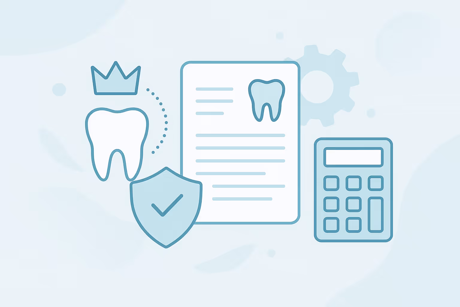 Stylized illustration showing a tooth with a crown and a shield with a check mark next to a document with a tooth icon and a calculator with a gear in the background