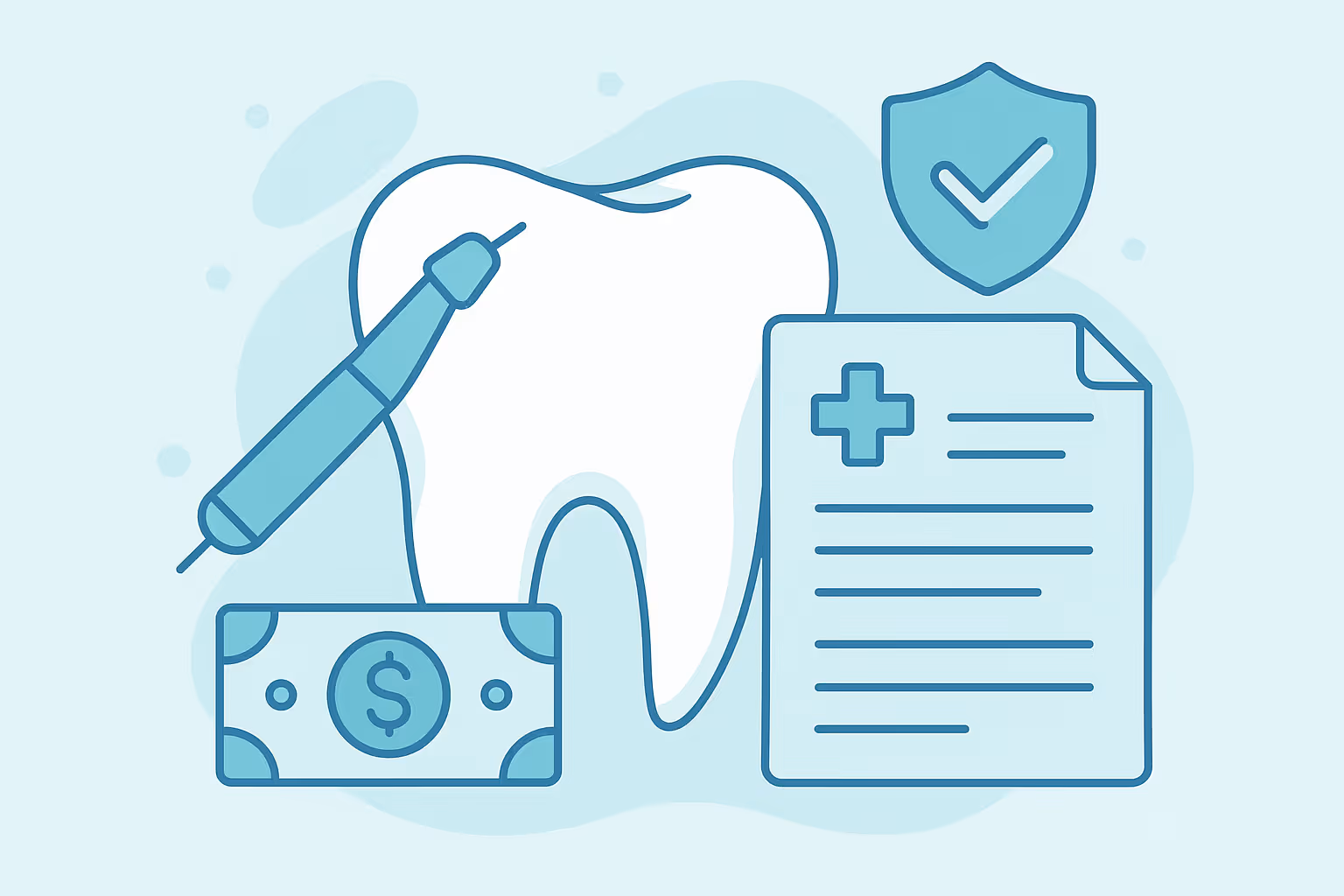 Large stylized tooth with dental drill dollar bill medical document and shield with checkmark representing dental cost coverage