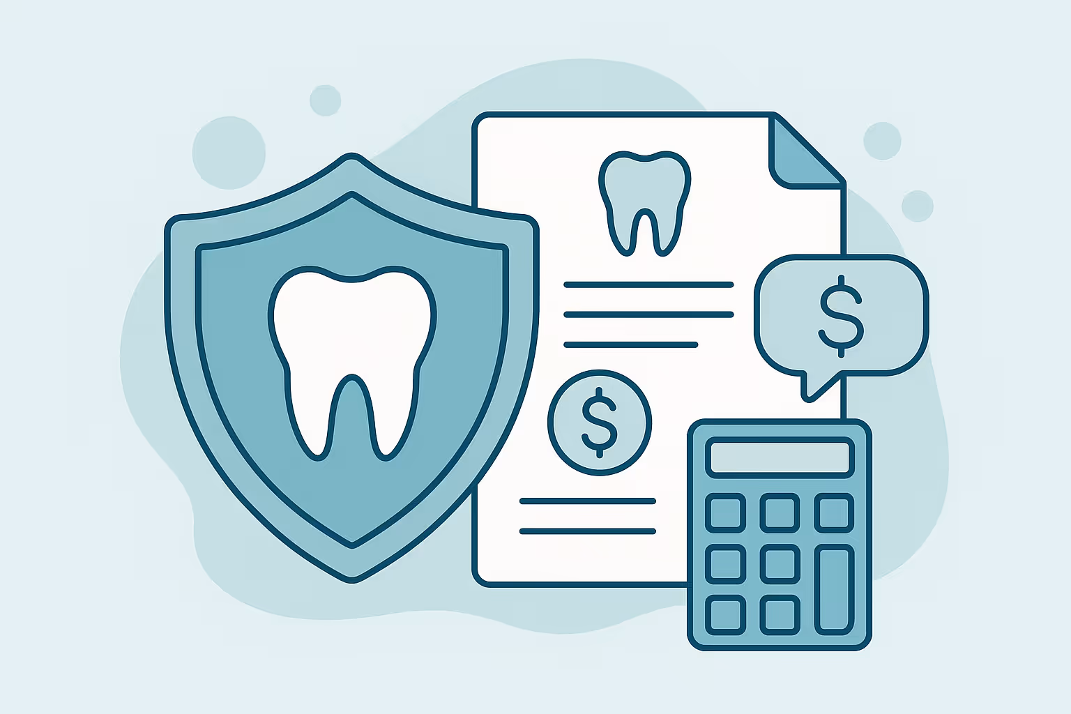 illustration of protective shield with tooth icon beside dental invoice showing tooth and dollar symbols and a calculator with a dollar sign speech bubble