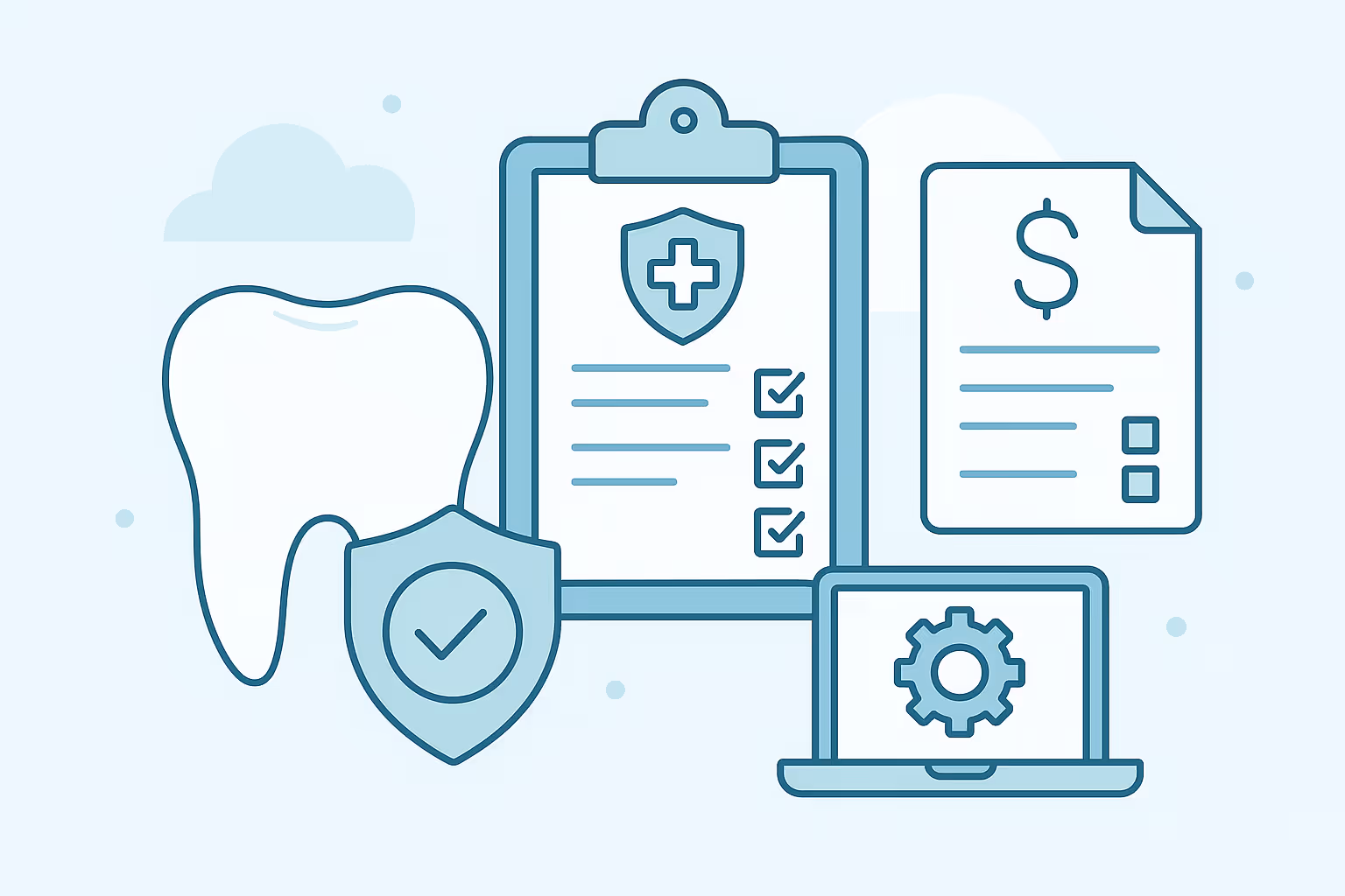 Large tooth icon next to shield with checkmark next to clipboard displaying medical cross and checked checklist beside document featuring dollar sign and laptop screen with gear icon