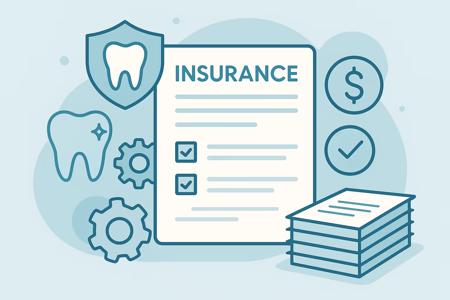 insurance document with checkboxes illustration surrounded by a shield bearing a tooth a sparkling tooth icon gears a dollar coin a checkmark in a circle and a stack of papers
