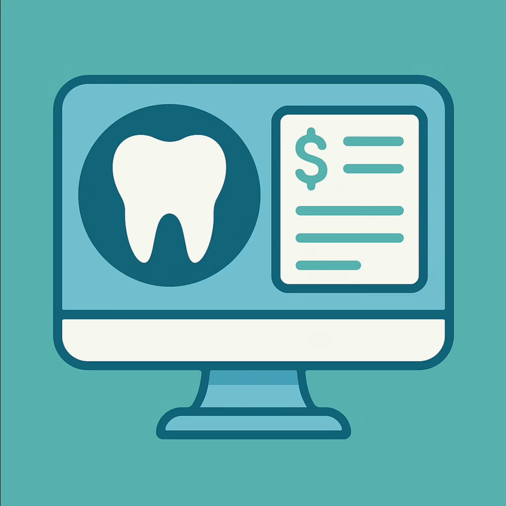 female dentist wearing a lab coat surrounded by a stylized tooth icon a gear icon with a dollar sign a computer monitor showing a billing document and sheets of paper with checkmarks on a light teal background