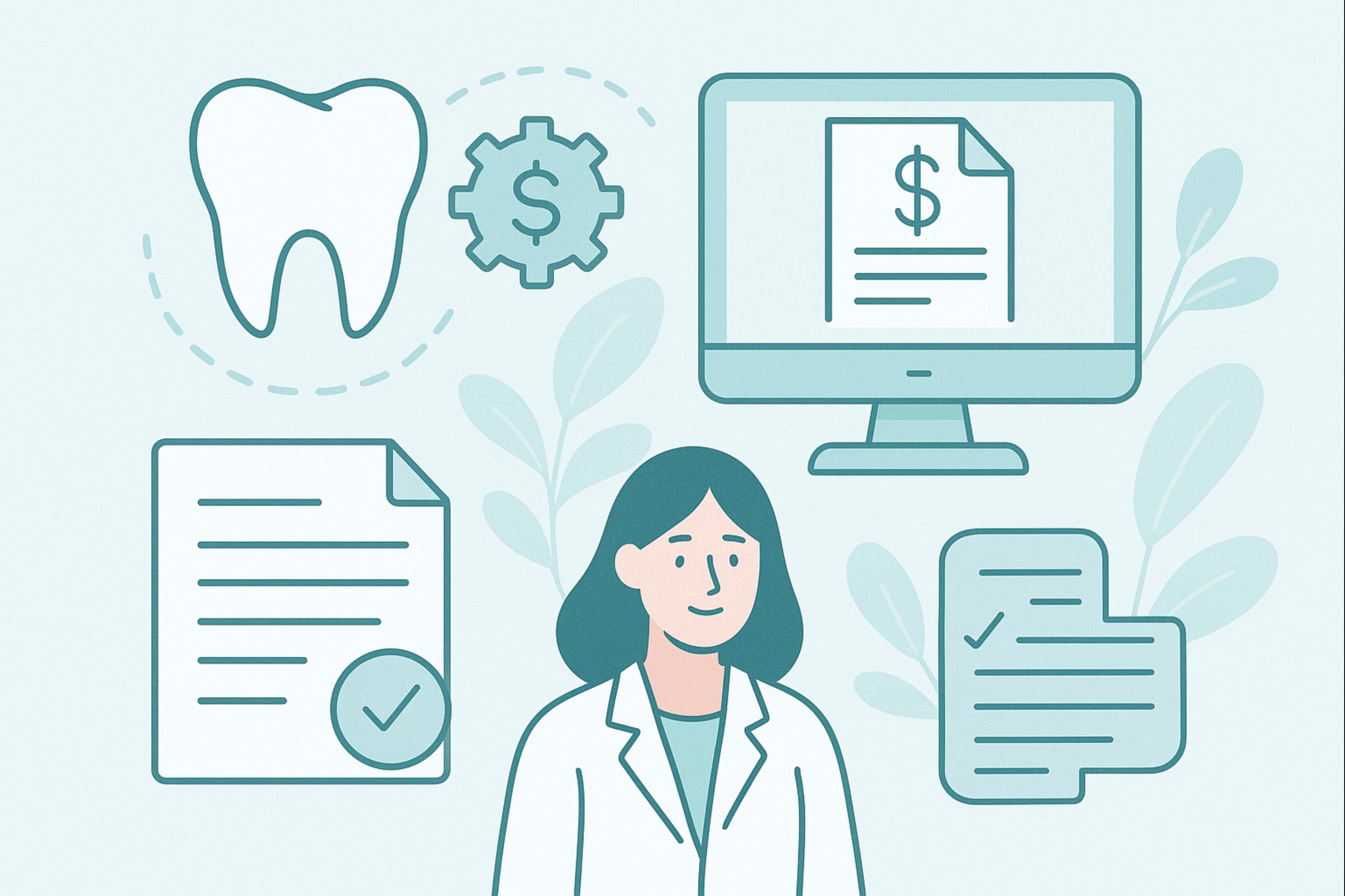 female dentist wearing a lab coat surrounded by a stylized tooth icon a gear icon with a dollar sign a computer monitor showing a billing document and sheets of paper with checkmarks on a light teal background