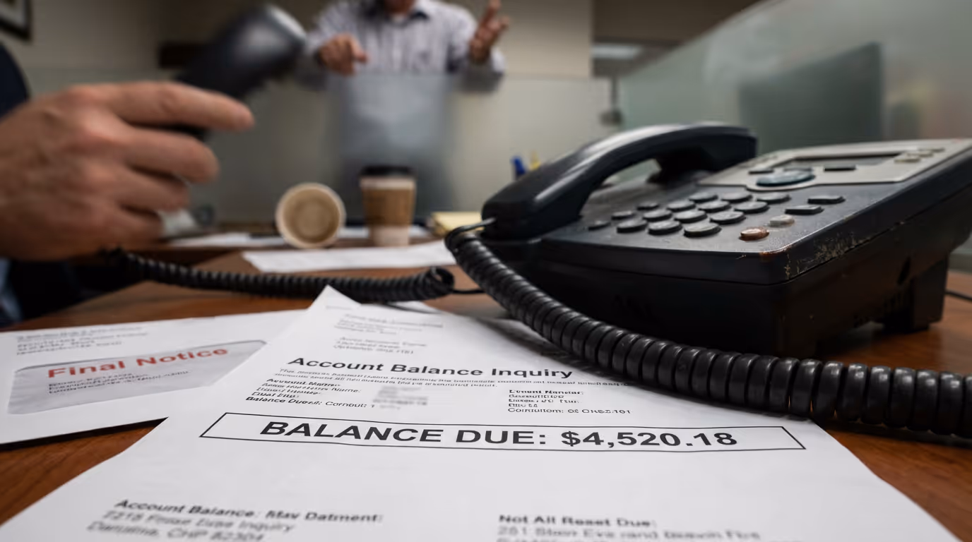 A close-up of a desk phone resting amid scattered forms, with a printed balance inquiry sprawled underneath it, the key balance line in sharp focus while the rest of the form and the blurred background suggest a tense conversation in progress.