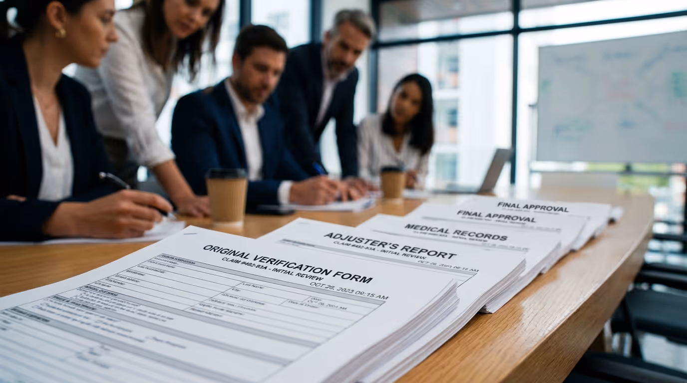 A conference table where a small group leans over a claim packet; the camera focuses on the original verification form at the start of the stack, crisp and legible, while each subsequent step in the process blurs more deeply as they trail away.