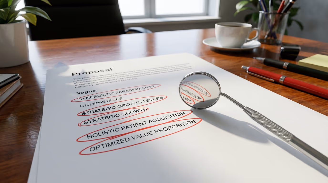 A proposal document spread open on a polished desk, with vague marketing phrases circled in red pen, and a dental mirror resting on top, reflecting one of the circled lines back toward the viewer.