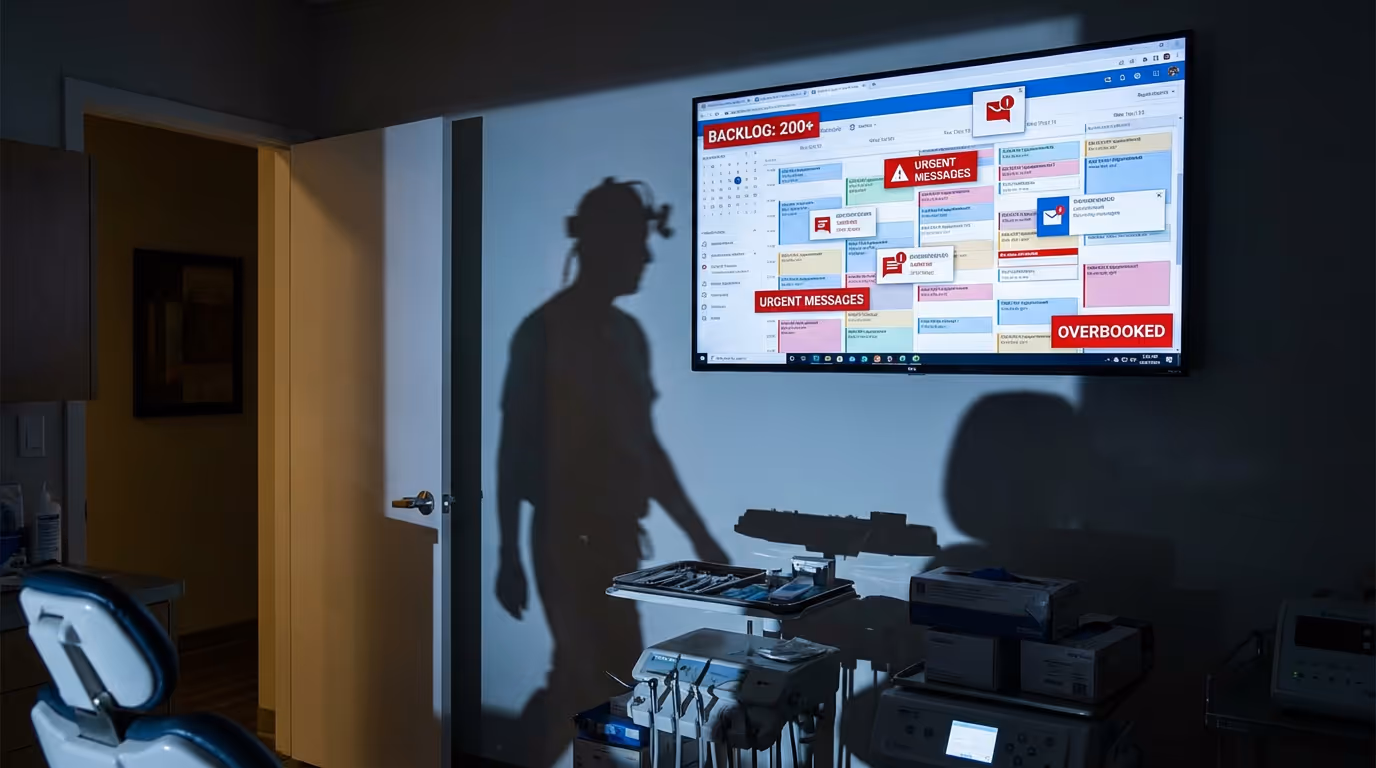 A dim operatory with a wall-mounted schedule screen showing a crowded queue of messages and overlapping appointment tiles, while the dentist’s shadow stretches across the monitor from the doorway, hinting at the weight of the backlog.