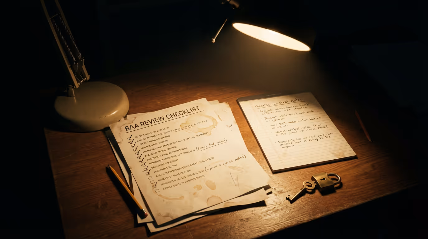 A table scene where a BAA review checklist is laid next to handwritten access-control notes and a small padlock key, with a directional desk lamp spotlighting the sensitive lines while the rest of the table recedes into shadow.