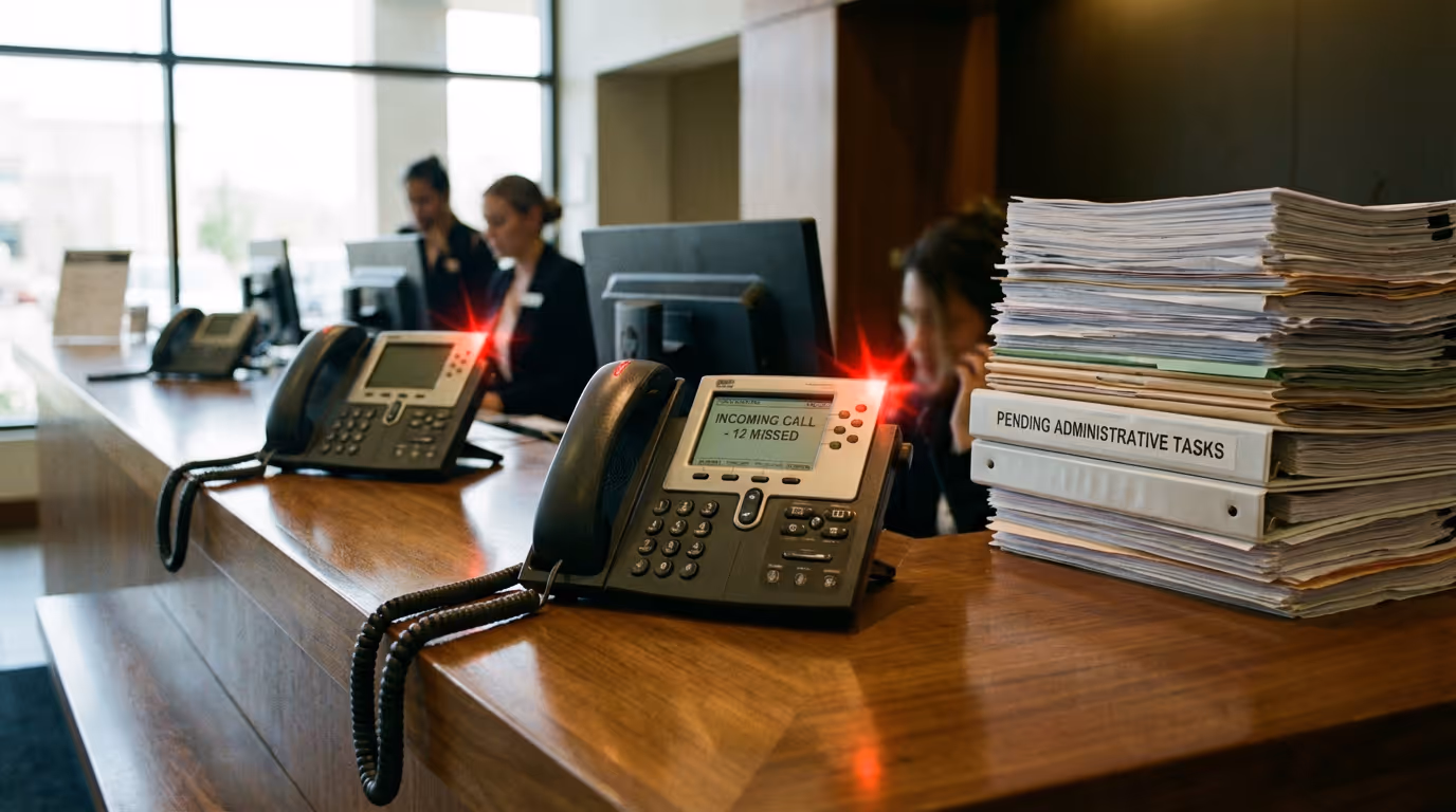 A front desk counter where two phones sit mid-ring, light indicators blinking, while a neatly stacked but untouched pile of administrative forms and tasks is placed conspicuously at the far end of the surface.
