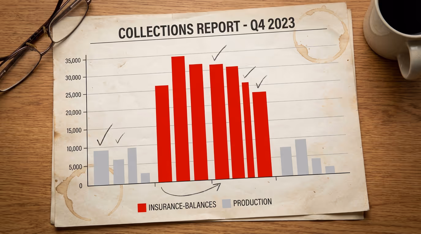 A collections report printed and laid flat where insurance-balances bars are colored in stark red and production bars in soft gray, arranged so that the red columns dominate the middle of the frame.